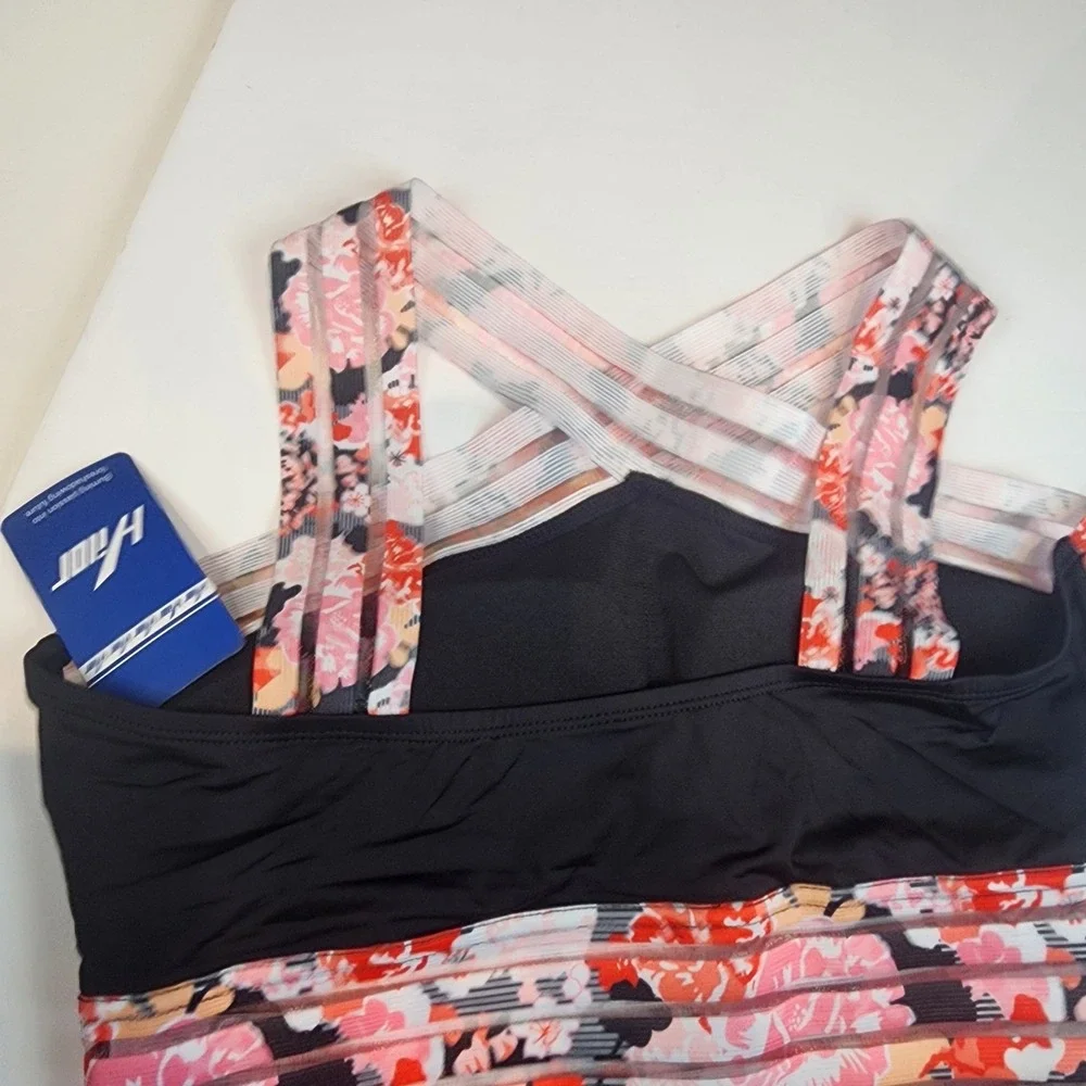 Hilor One Piece Swimsuit Women L Black Floral Mesh Crossover Resort Boho 646 NWT